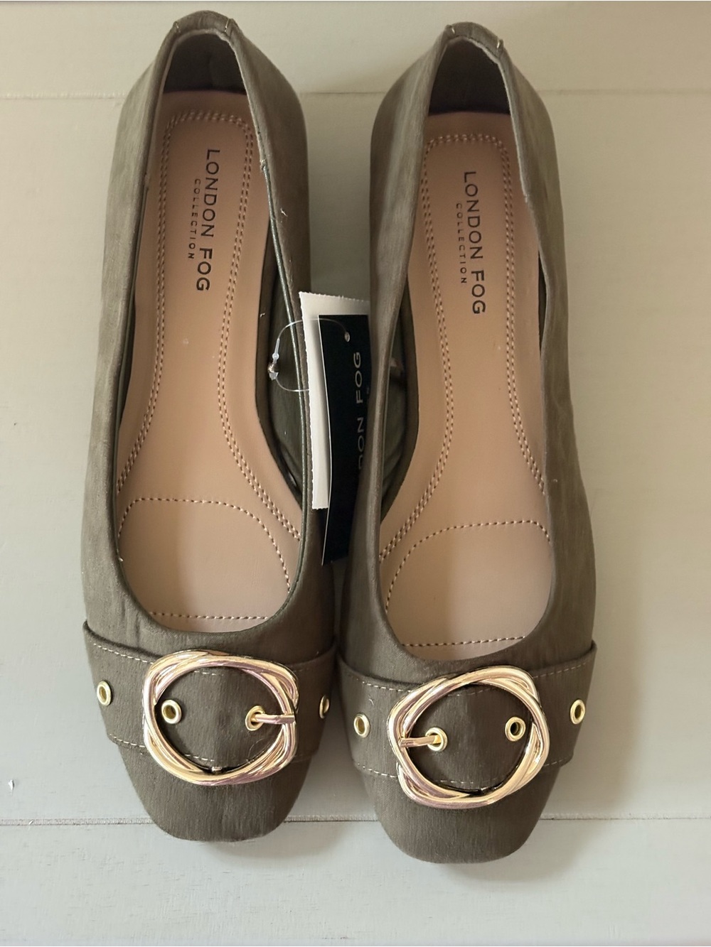London Fog Olive Green Ballet Flats with Gold Buckle